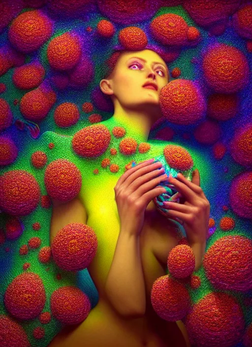 Image similar to hyper detailed 3d render like a Oil painting - Aurora (Singer) seen Eating of the Strangling network of yellowcake aerochrome and milky Fruit and Her delicate Hands hold of gossamer polyp blossoms bring iridescent fungal flowers whose spores black the foolish stars by Jacek Yerka, Mariusz Lewandowski, Houdini algorithmic generative render, Abstract brush strokes, Masterpiece, Edward Hopper and James Gilleard, Zdzislaw Beksinski, Mark Ryden, Wolfgang Lettl, hints of Yayoi Kasuma, octane render, 8k