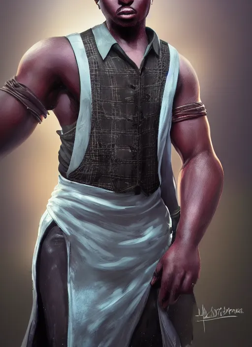 Image similar to An epic fantasy comic book style portrait painting of a young dark skinned thief with broad shoulders and a bald head in a vest, unreal 5, DAZ, hyperrealistic, octane render, cosplay, RPG portrait, dynamic lighting