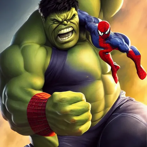 Image similar to characters portrait of Hulk mixed with Spiderman by ArtGerm and Tom Bagshaw, merged character, Full body shot, cinematic opening shot, 4k, highly detailed, cinematic lighting