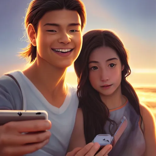 Prompt: beautiful serene intricate portrait of katara and toph taking a selfie, smiling softly, relaxing on the beach, golden hour, soft focus, 8 k, art by irakli nadar, hyperrealism, hyperdetailed, ultra realistic