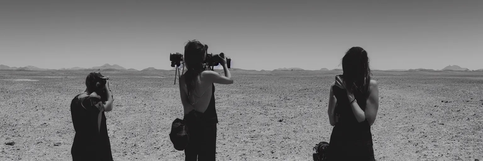 Prompt: a photo taken by someone who doesn\'t know how to use a camera, where the desert meets the shore, she looks into the camera with a desperate stare, overlooking a futuristic ruined city vista