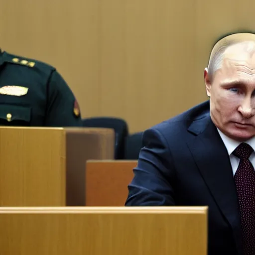 Image similar to Putin arrested in courtroom, 4k ultra realistic, hyper realistic, ultra detailed, real photo,