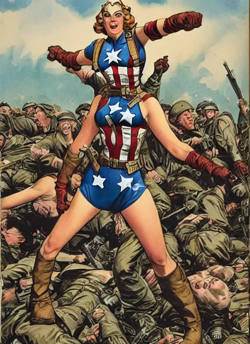 Image similar to beautiful female captain america standing on a pile of defeated german soldiers. feminist captain america wins wwii. american wwii propaganda poster by james gurney