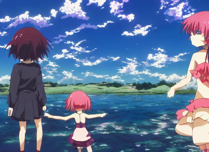 Image similar to anime screenshot pattern, anime family enjoying the scenery of a lake. original cute girl doing cute things / iyashike / slice life gainax 4 k ultrahd award winning