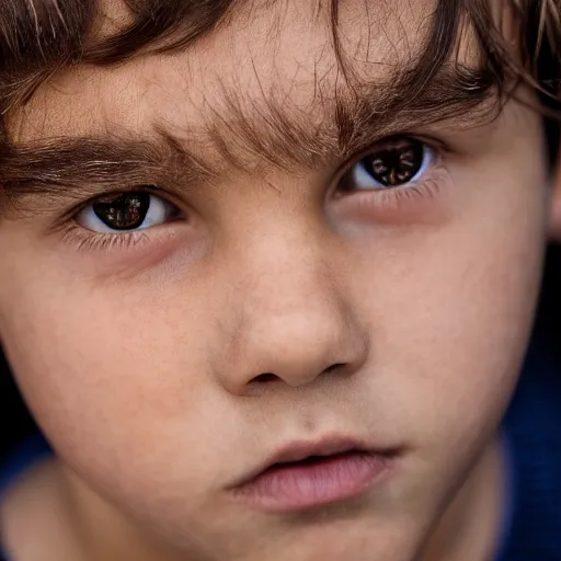 Image similar to a closeup portrait of a boy with brown hair and brown eyes. Extremely clear and high quality eyes with reflection in this, realistic face and details, clear lips and high quality