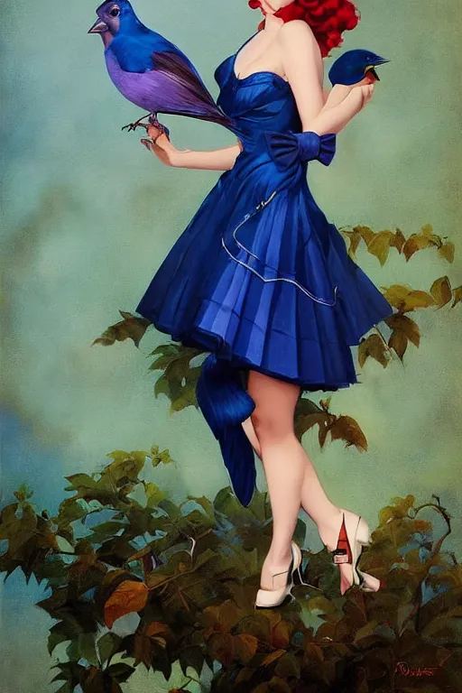 Prompt: pinup girl holding an indigo bunting, bird, the bird is wearing a bowtie by greg rutkowski, rossdraws, gil elvgren, enoch bolles, anime, porcelain skin, glistening, very coherent, hyper realistic painting