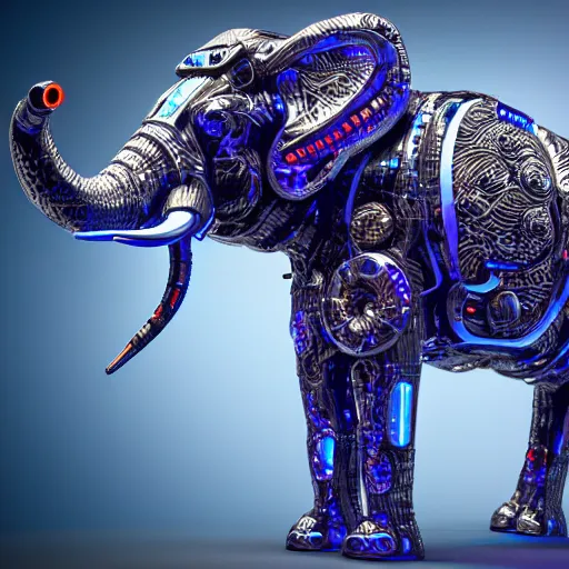 Prompt: hyper realistic cybertronic elephant. high details. complex mechanical body. blue led. cyberpunk style, intricate, trending on art station, 8 k render.