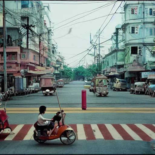 Image similar to Wes Anderson film still in Saigon without people. Establishing shot. 8k resolution. Pastel. Sharp. Whimsical.