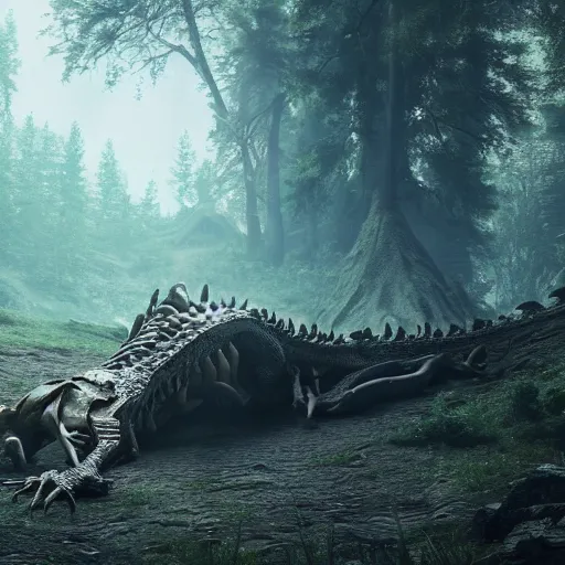 Prompt: a boy living in the gigantic skull of an ancient dragon skeleton laying on the edge of the forest, cinematic lights, octane render, trending on artstation, artstationHD, artstationHQ, unreal engine, 8k