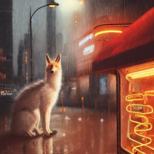 Image similar to white furred anthropomorphic female vulpes vulpes fulva, eating noodles, in the rain by a noodle kiosk, in crowded and wet street of a city, cyberpunk, harsh neon lights, highly detailed, digital painting, trending on artstation, concept art, sharp focus, illustration, art by artgerm and greg rutkowski and magali villeneuve