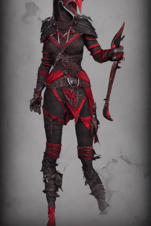 Image similar to female adventurer in tight full - body ebony leather armor of dunmer design with dark red cloth underneath and with a red porcelain crow mask, trending in artstation, establishing shot