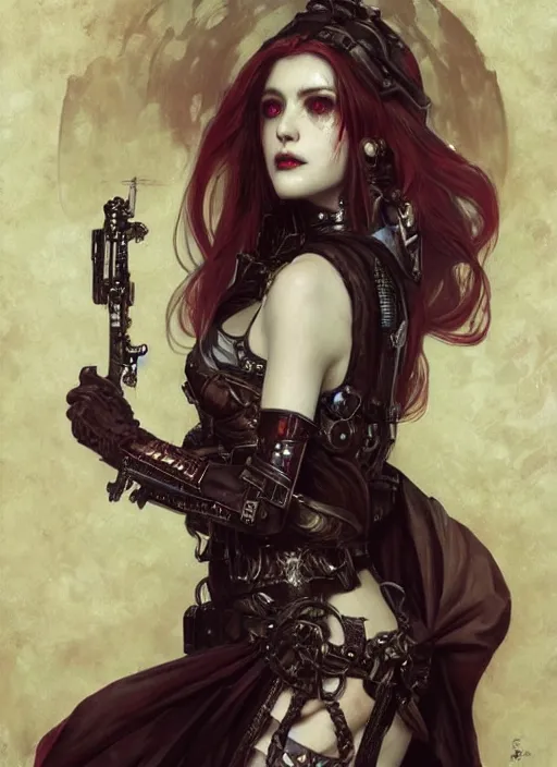 Image similar to portrait of beautiful cute pale gothic maiden covered in blood, warhammer 40000, cyberpunk, intricate, elegant, highly detailed, digital painting, artstation, concept art, smooth, sharp focus, illustration, art by artgerm and greg rutkowski and alphonse mucha and Gustav Klimt