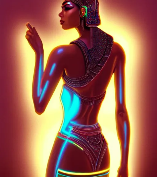 Image similar to symmetry!! egyptian princess of technology, solid cube of light, hard edges, product render retro - futuristic poster scifi, lasers and neon circuits, brown skin gorgeous egyptian princess, intricate, elegant, highly detailed, digital painting, artstation, concept art, smooth, sharp focus, illustration, dreamlike, art by artgerm