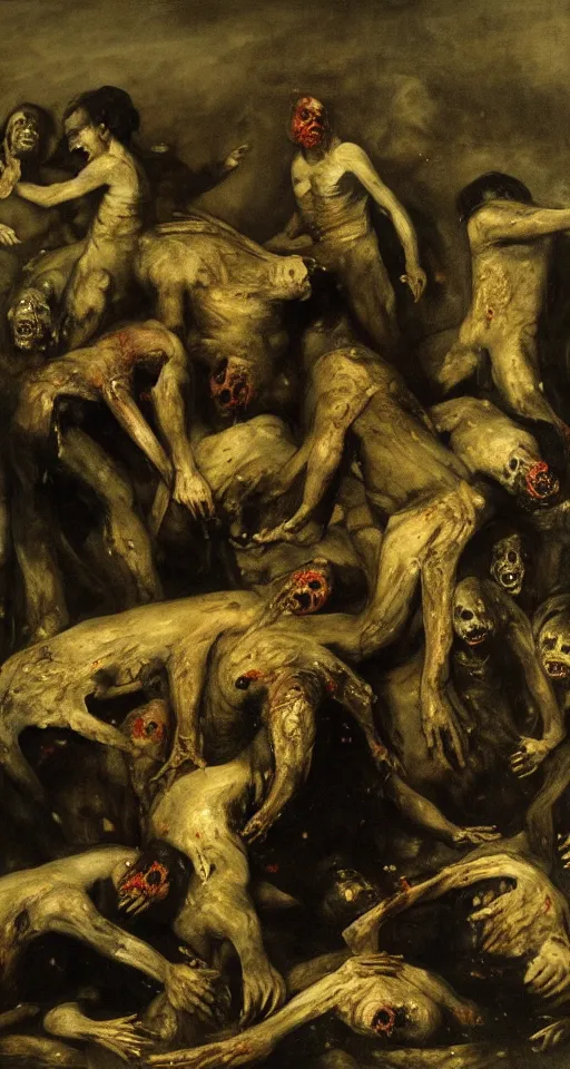 Image similar to mansion house of hungry cannibals tearing each other apart, covered in blood and black tattered clothing, standing on piles of limbs, hyperrealistic, horror, gothic, lovecraftian, 4 k, realistic, high detail, gruesome, by francisco goya