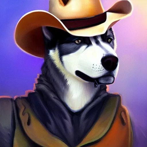 Prompt: a portrait painting of a husky in cowboy costume, wearing a cowboy hat, by studio ghibli, humanoid, personify, anthropomorphic, trending on artstation