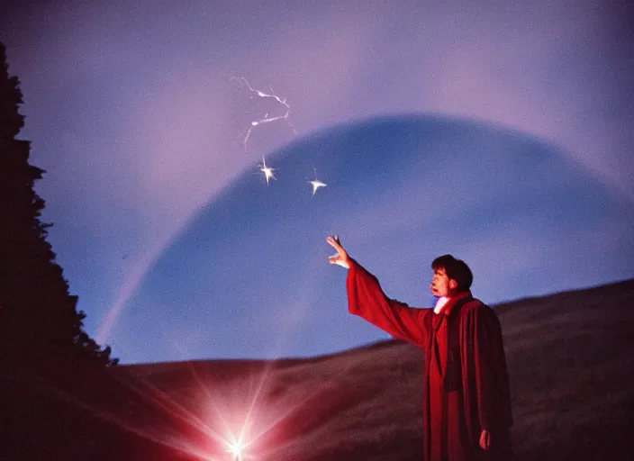 Prompt: a very good looking and dramatic sorcerer holds out their hand from which a blast of bright magic flies, on an empty moonlit hill, dramatic lighting, lens flare, 3 5 mm full frame professional photography, kodachrome