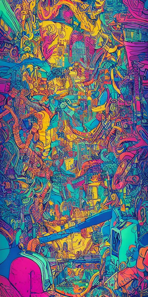 Image similar to the haight in san francisco an ultrafine detailed illustration by james jean, intricate linework, bright colorful colors, behance contest winner, vanitas, angular, altermodern, unreal engine 5 highly rendered, global illumination, radiant light, detailed and intricate environment