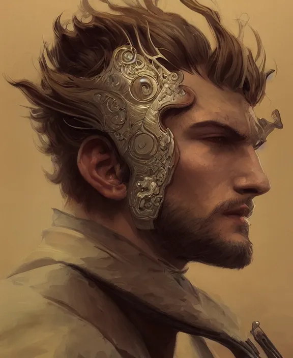 Image similar to portrait close up of guy, concentrated look, symmetry, with an explosion on the back, d & d, fantasy, intricate, elegant, highly detailed, digital painting, artstation, concept art, art by artgerm and greg rutkowski and alphonse mucha, boris vallejo