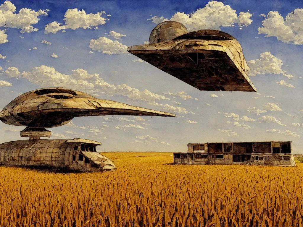 Prompt: A fantastic painting of a dilapidated post-modern building on a wheat field with an abandoned spaceship parked on the roof of the building, by Robert McCall, Trending on artstation, very detailed