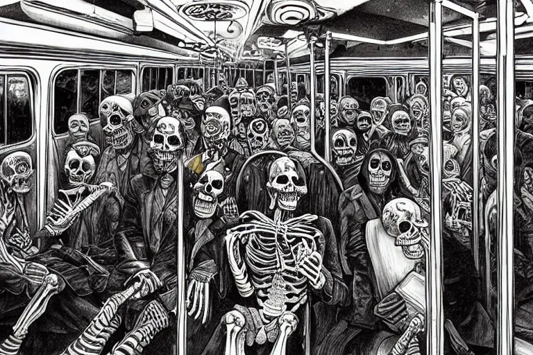 Image similar to scene from interior of a subway car, lunch, day of all the dead, skeletons, artwork by jean giraud