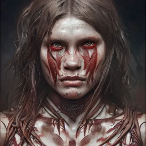 Prompt: portrait painting of a muscular bloodied tribal girl butcher, tattooed, ultra realistic, concept art, intricate details, eerie, highly detailed, photorealistic, octane render, 8 k, unreal engine. art by artgerm and greg rutkowski and alphonse mucha