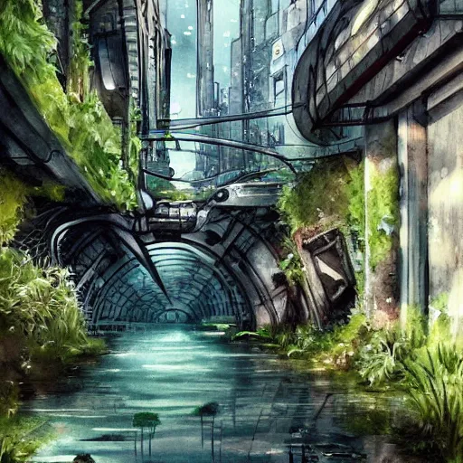 Image similar to Narrow cosy waterway in beautiful overgrown futuristic sci-fi city in harmony with nature. Nice colour scheme, soft warm colour. Beautiful detailed watercolor by Lurid. (2022)