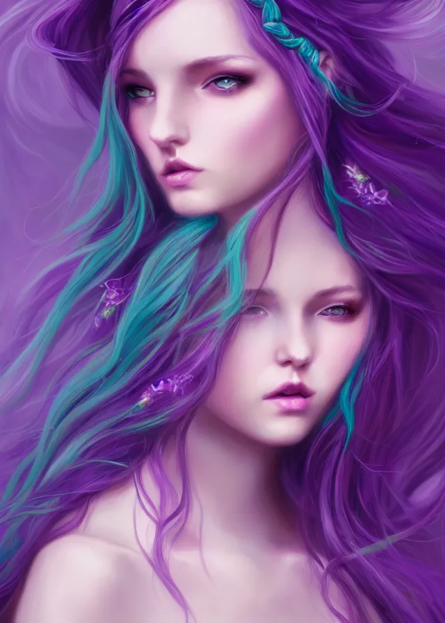 Prompt: fae teenage girl, portrait, face, long turquoise hair, purple highlights, fantasy, intricate, elegant, highly detailed, digital painting, concept art, smooth