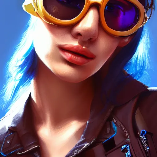 Image similar to closeup painting of a very beautiful young mexican cyberpunk woman smirking, wearing light blue shutter shades and a leather jacket, one side haircut, long brown hair with light blue ends, portrait, hyperdetailed, artstation, cgsociety, 8 k