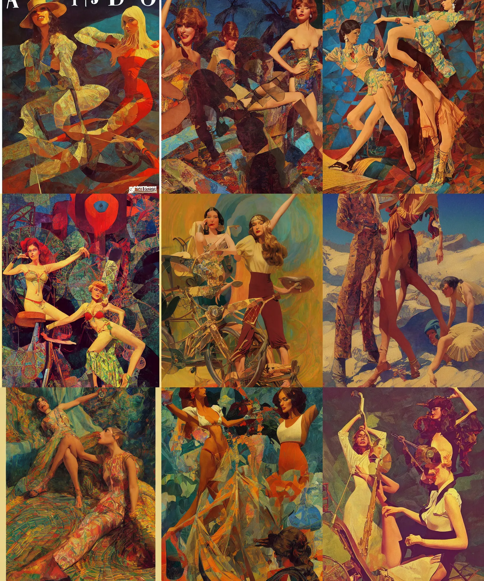 Image similar to pulp art, 1970s hippie cloth style, artwork by Joseph Leyendecker and Hugh Ferriss and gil elvgren and ilya repin and sergey kolesov, geometric shapes, impressionism, soviet paintings, 3d octane blender render, progressive rock album cover