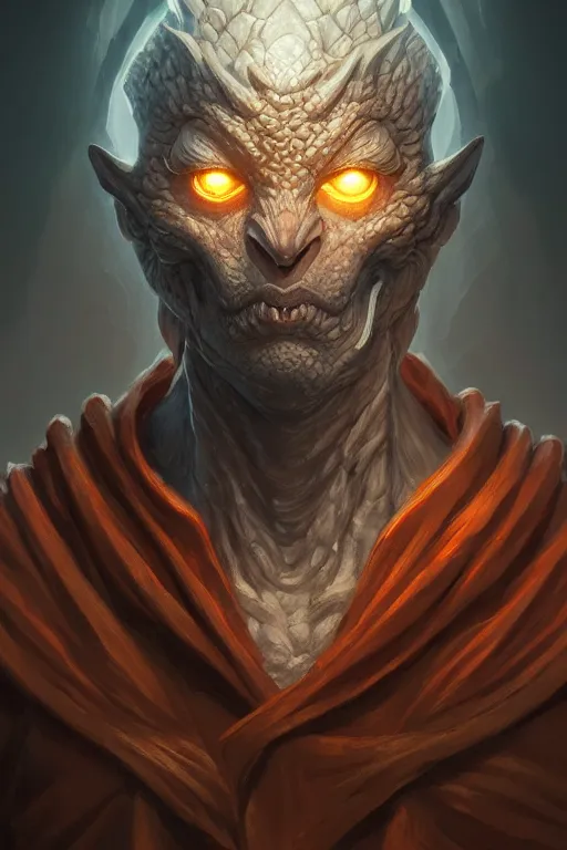 Image similar to human with a dragon face, wearing simple robes, highly detailed, d & d, fantasy, highly detailed, digital painting, trending on artstation, concept art, sharp focus, illustration, global illumination, shaded, art by artgerm and greg rutkowski and fuji choko and viktoria gavrilenko and hoang lap