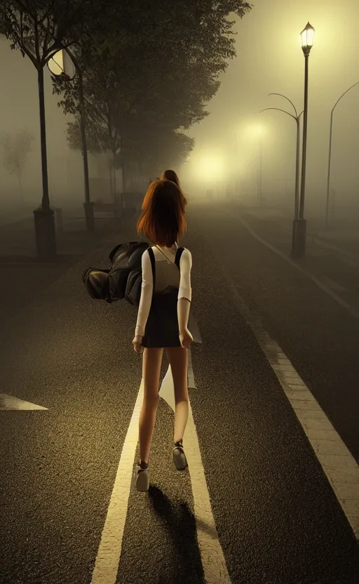 Prompt: school girl walking at night, gloomy and foggy atmosphere, octane render, cgsociety, artstation trending, horror scene, highly detailded