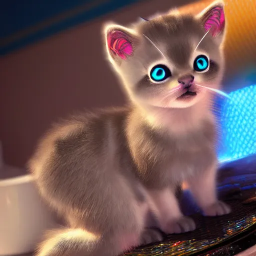 Image similar to iridescent kittens cyperpunk 2 0 7 7, unreal engine 5, 8 k ultra realistic, hyperdetailed, volumetric lighting, extremely high quality