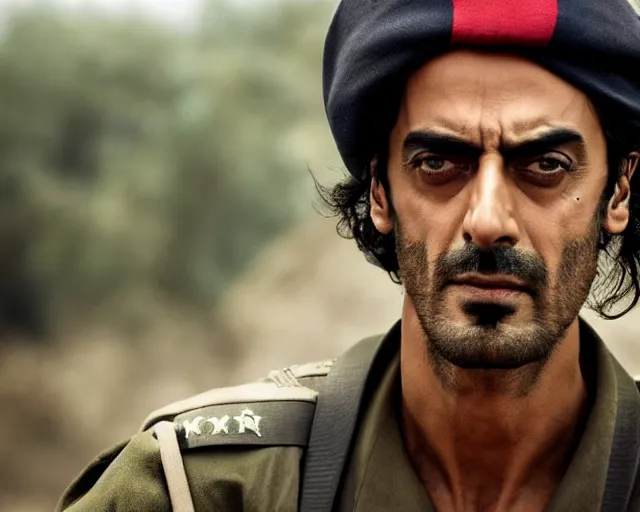 Image similar to a photo of arjun rampal as a soldier of israel, hyper realistic face, beautiful eyes, cinematic, long shot, hyper detailed, 8 5 mm photograph, 8 k resolution, film still, sharp lens, wide lens