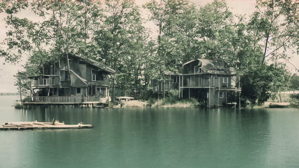 Prompt: ektachrome sample photo of a house on a lake side