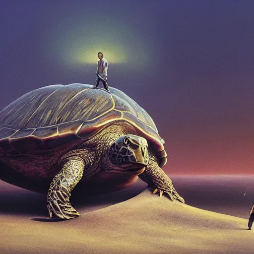 Image similar to a small man standing in front of a giant turtle, fantasy art, 4k, HDR, photorealistic, 8k by zdzisław beksiński