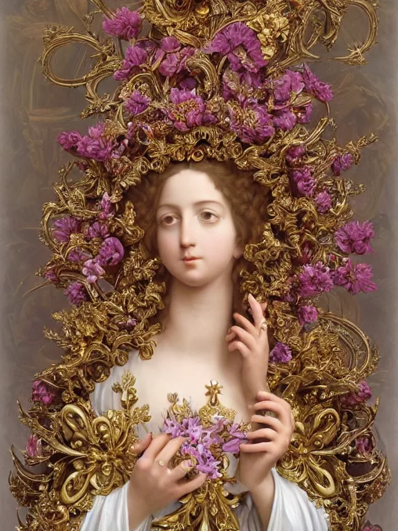 Prompt: a beautiful portrait render of baroque catholic virgin mary sculpture who wearing dramatic headdress with An intricate fractal of flowers and star,by Billelis and aaron horkey and Jean-Baptiste Greuzeand and peter gric and Franz Xaver Winterhalter,Artstation,pinterest,jewelry,porcelain,gold,pink,pearlescent,maximalist