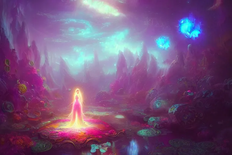 Image similar to a psychedelic realm made entirely out of love and acceptance, astral beings sharing love!!!!, in the style of greg rutkowski! and wlop and lisa frank! and bob ross!!! and ruan jia, illustration, epic, fantasy, hyper detailed, smooth, unreal engine, sharp focus, ray tracing