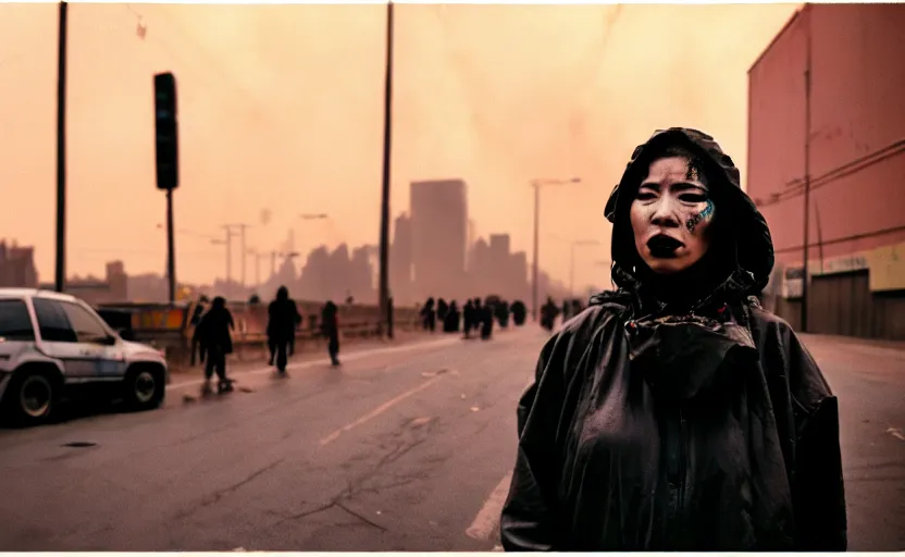 Prompt: Cinestill 50d candid photography of a city on fire, extreme wide shot of a poor techwear mixed woman wearing thick mascara and makeup crying outside of a futuristic city on fire, cyberpunk, tattoos, homeless tents on the side of the road, extreme long shot, desaturated, full shot, blurry, 4k, 8k, hd, full color