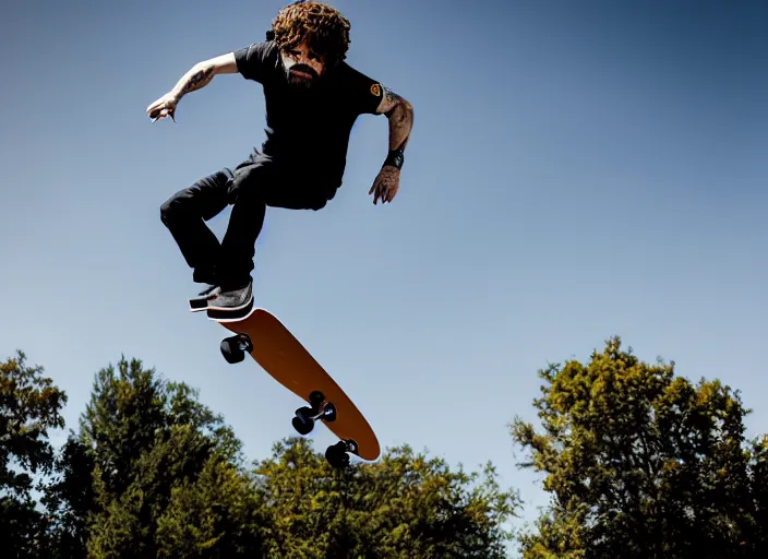 Image similar to dslr photo still of peter dinklage on a skateboard flying through the air, 4 k, 1 2 0 mm f 1 6