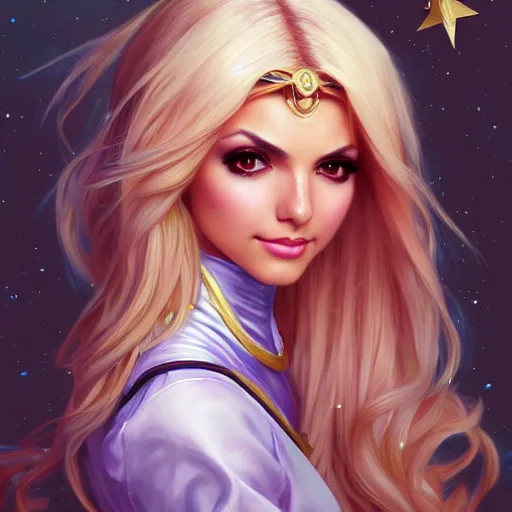 Image similar to Victoria Justice with blonde hair as Sailor Moon, western, D&D, fantasy, intricate, elegant, highly detailed, digital painting, artstation, concept art, matte, sharp focus, illustration, art by Artgerm and Greg Rutkowski and Alphonse Mucha
