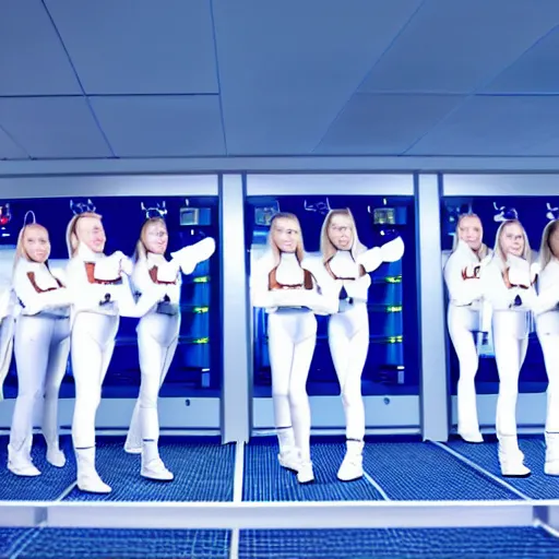 Image similar to line of six identical athletic female clones in formation, white hair, tight light blue neopren suits, elevated conveyor belt, futuristic chemistry lab, sci - fi, highly detailed, cinematic