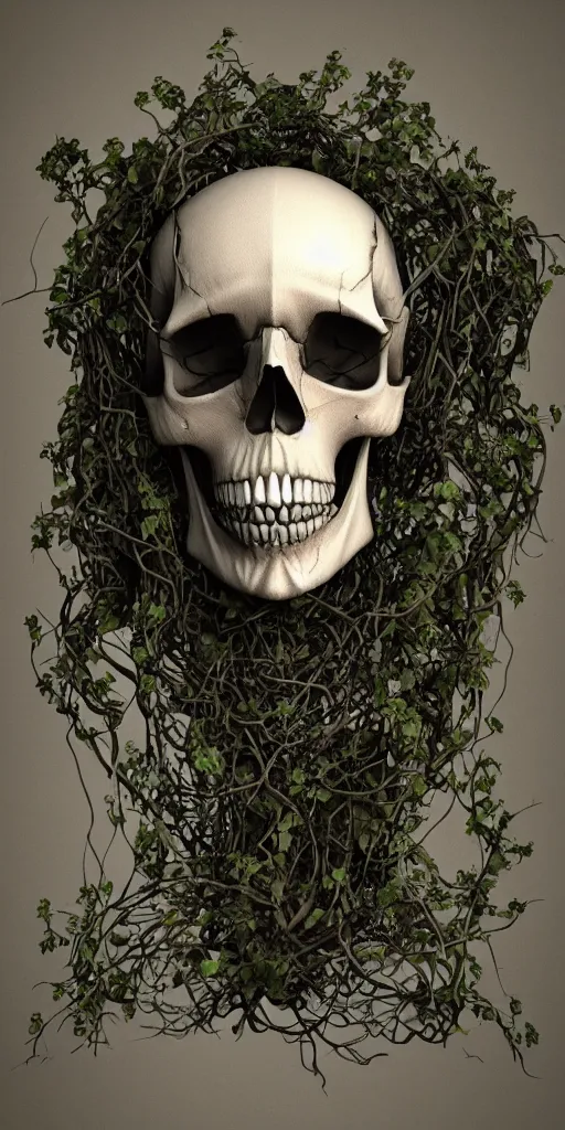 Image similar to a skull shrouded in body horror vines, atmospheric, trending on artstation, 4K, subsurface scattering, global illumination, cinematic lighting, UHD, HDR