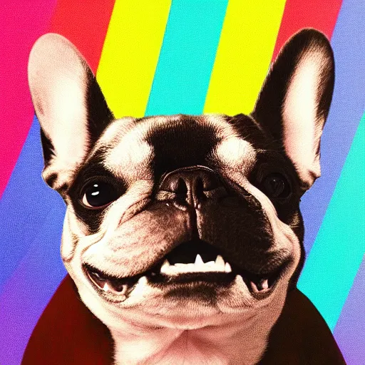 Image similar to rainbow excited smiling french bulldog. pop art.