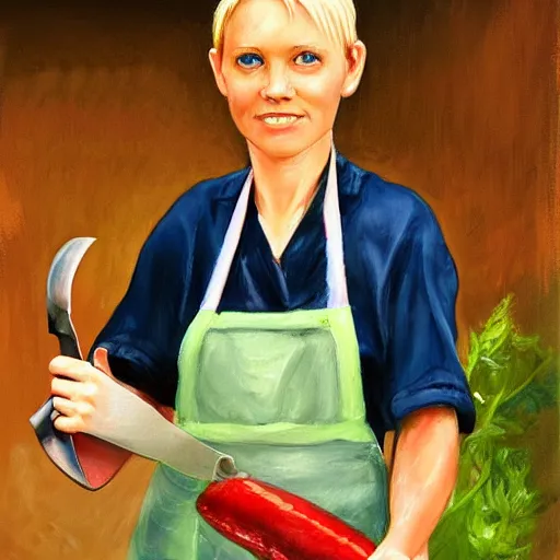 Prompt: woman with pointed ears and short blonde hair, standing in the rain wearing a kitchen maid's uniform and holding a chef's knife, fantasy, character portrait, hyper realism, colorful, oil painting