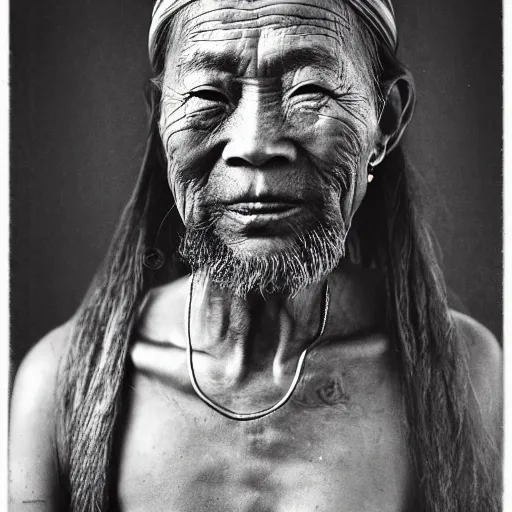 Image similar to black and white old photo of a hippie Chinese man, portrait, high detail, earrings, tattoos