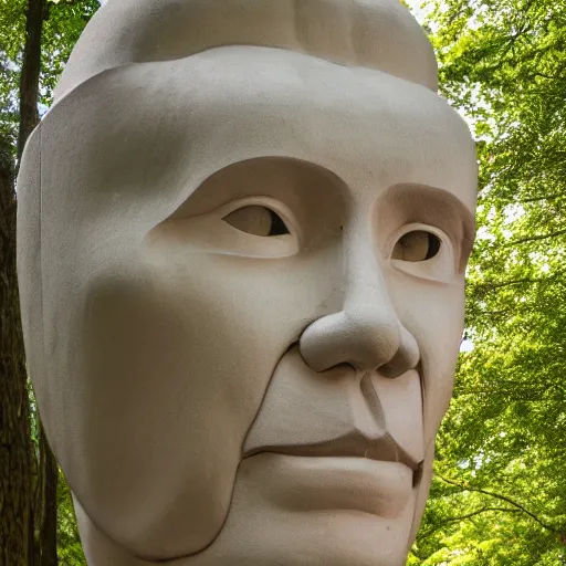 Image similar to human face built by frank lloyd wright, lush trees, 8 k