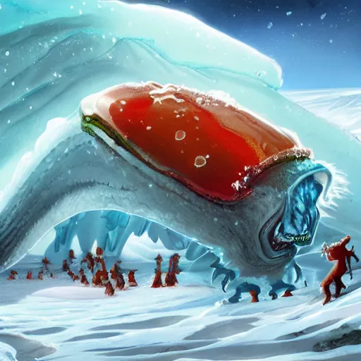 Image similar to a giant jello worm attacks warriors in a icy desert, ice, snow, cold, by the tony sart, artstation