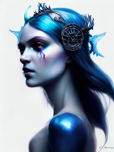 Image similar to dark sorceress with blue skin by james jean, charlie bowater, tom bagshaw, nikolay makovsky, melanie delon : : enchanting, ethereal, magical, glowing, sparkle, prismatic, portrait, character design, illustration, hyperrealism, photorealism, digital art, concept art, dark fantasy, whimsy, weta, wlop, artstation