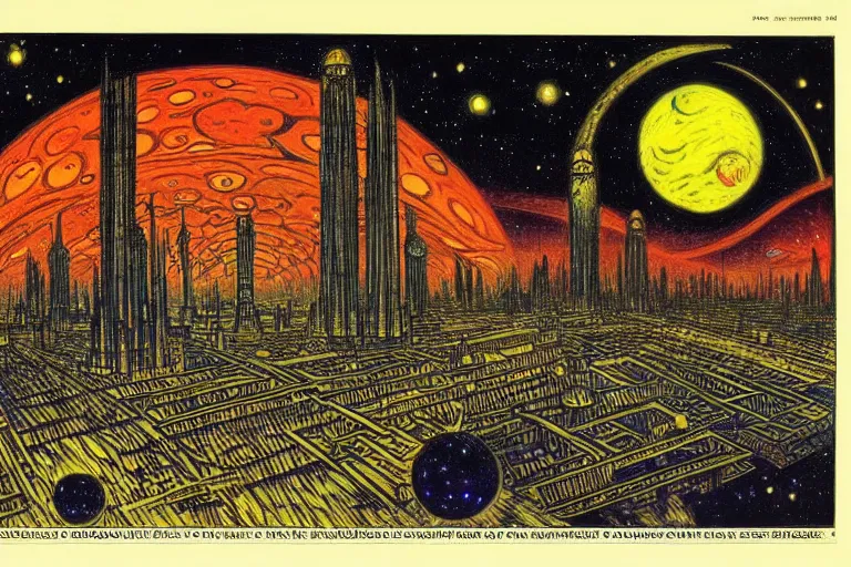 Prompt: a scifi illustration, Night City on Tatooine by Louis Wain (1920)