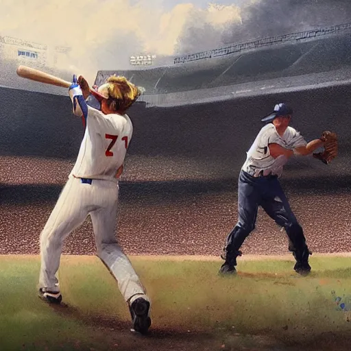 Image similar to baseball player hitting the ball with the baseball bat in the middle of the game and in front of everyone in the stadium, james gurney painting style, greg rutkowski, artstation